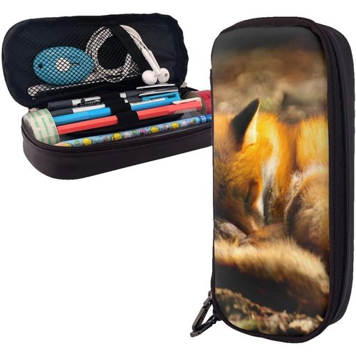 Trousse À Crayons En Cuir Avec Motif Renard Endormi Dans La Forêt - Grande Capacité - Trousse À Crayons - Organiseur De Papeterie Avec Fermeture Éclair - Trousse De Maquillage