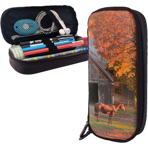 Trousse À Crayons En Cuir De Grande Capacité Avec Fermeture Éclair - Motif Cheval D'automne