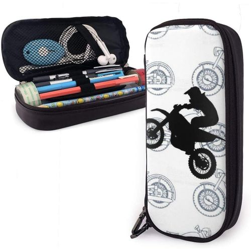 Trousse À Crayons En Cuir Pu À Motif De Moto Antique, Durable Avec Double Fermeture Éclair Pour L'école Et Le Bureau 3,8 X 8,9 X 20,3 Cm