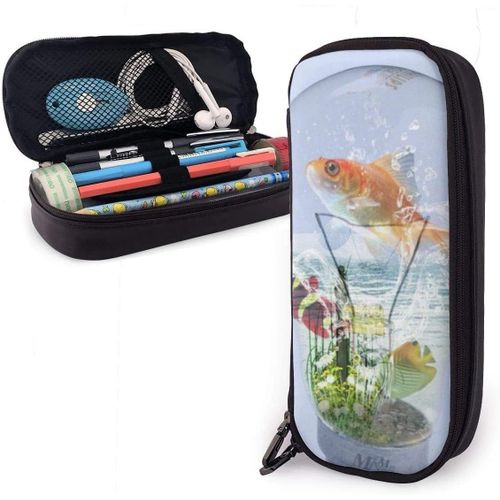 Trousse À Crayons En Cuir Synthétique Avec Double Fermeture Éclair - Motif Poisson Rouge Dans Une Ampoule - 3,8 X 8,9 X 20,3 Cm