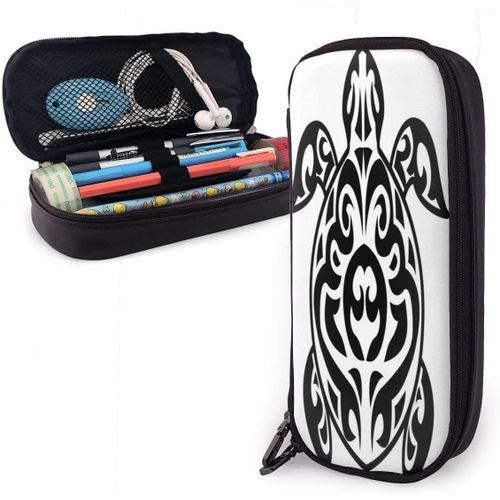 Trousse De Grande Capacité Avec Motif De Tortue Hawaïenne Et Tatouage - Avec Fermeture Éclair Durable - Pour Stylos Et Autres Fournitures Scolaires