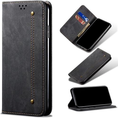 Compatible Avec Etui Oppo Reno 2, Flip Jeans Portefeuille Housse Avec Fente Carte, Magnétique Stand+Protecteur D'écran En Verre Trempé2-Noir