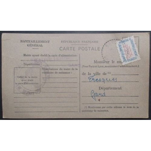 France Service N°15a Sur Carte De Ravitaillement De Sauveterre (Gard) Pour Tresques (Gard)