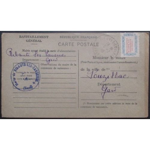 France Service N°15a Sur Carte De Ravitaillement De Ribaute (Gard) Pour Pouzilhac (Gard)