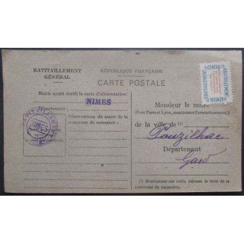 France Service N°15a Sur Carte De Ravitaillement De Nimes (Gard) Pour Pouzilhac (Gard)