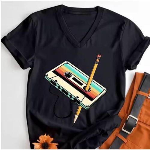 T-Shirt Années 80 Cassette Ruban Crayon Rétro Musique, T-Shirt Vêtements Pour Femmes. Cadeau Anniversaire. Plusieurs Tailles Et Coloris Disponibles