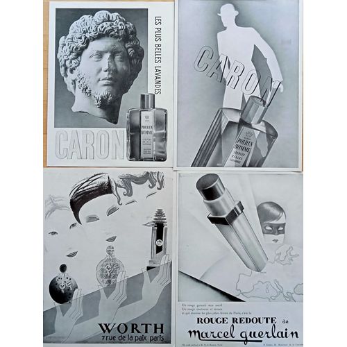 Gros Lot 50 Vieilles Affiches Publicitaires Années 30 : Parfum Mode Caron, Guerlain, Lanvin, Coty, Piver, Orsay, Houbigant, Worth, Roger Et Gallet...