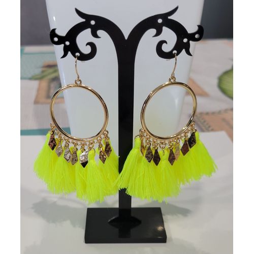 Boucles D'oreilles Creoles Pompon Jaune Fluo