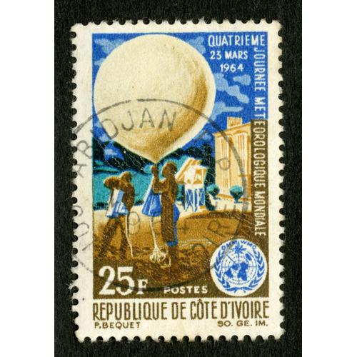 Timbre Oblitéré République De Cote D'ivoire, 23 Mars 1964, Quatrième Journée Météorologique Mondiale, 25 F, Postes