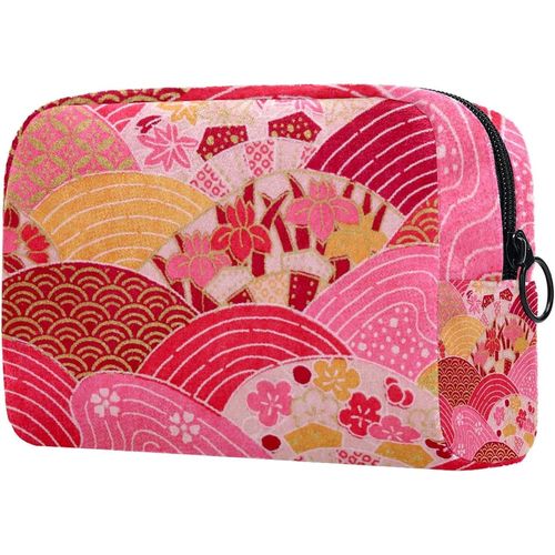 Cadeaux pour hommes et femmes, trousse de maquillage, trousse de toilette, petite trousse à cosmétiques ? éventail de vagues japonaises, fleur rose vintage