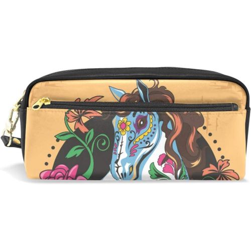 Cheval Motif Floral Crâne Coloré Pour Étudiant Garçon Fille Pochette À Fermeture Éclair Sac À Main Trousse Stylo Papeterie Sac Cosmétique Maquillage Sac Hipster
