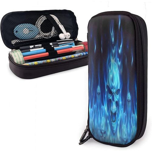 Crâne De Dragon De Feu Bleu Cool, Trousse À Crayons Multifonction, Trousse À Crayons En Cuir, Pochette À Stylos, Sac De Papeterie, Kit De Rangement Portable De Bureau, Support De Boîte À Cosmétiques