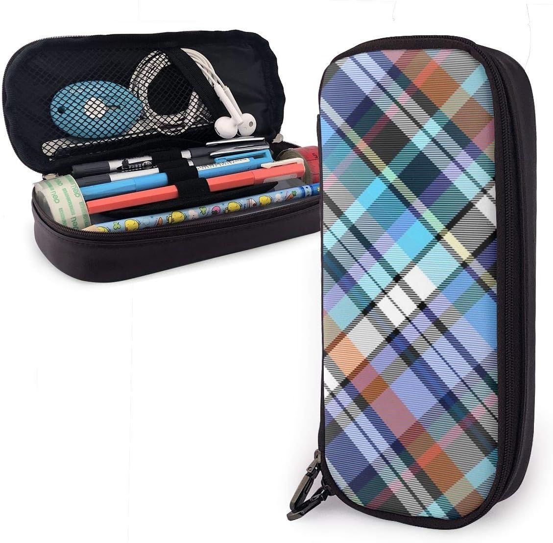 Grande Trousse À Crayons De Grande Capacité Avec Fermeture Éclair Pour L'école Et Le Bureau, Trousse De Maquillage Multifonction, Turquoise Et Royal Madras Plaid Degree