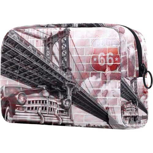 Grande Trousse De Maquillage Avec Pochette Zippée, Organisateur De Cosmétiques De Voyage Pour Femmes Et Filles ? Brooklyn Bridge Classic Car Vintage