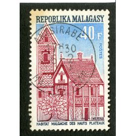 Timbre Oblitéré Repoblika Malagasy, Habitat Malgache Des Hauts Plateaux, 40 F, Postes
