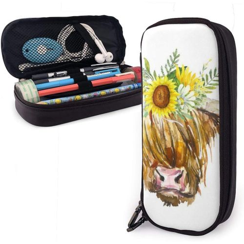 Loveys Trousse À Crayons Multifonction En Forme De Vache Des Highlands Avec Une Guirlande De Tournesols, Grande Capacité, Organiseur De Papeterie, Porte-Stylo Pour L'école, Le Bureau, La Trousse De Maquillage