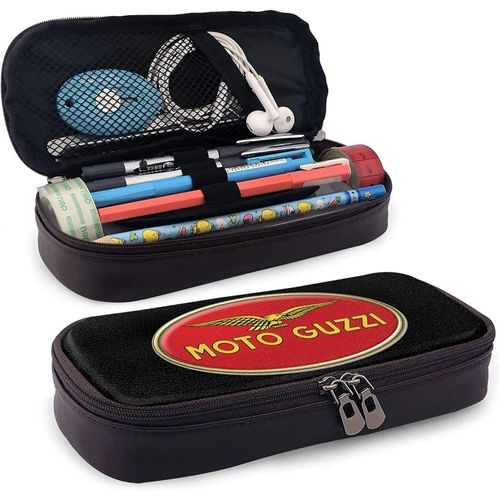 Moto Guzzi Trousse À Crayons En Cuir Avec Logo De Moto, Grande Capacité Avec Fermeture Éclair, Grand Rangement Pour Stylos, Pochette À Crayons, Boîte De Rangement, Support De Sac Pratique