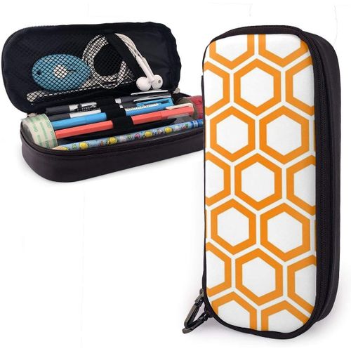 Motif Nid D'abeille Orange Sur Fond Blanc Porte-Crayon Grande Capacité Pochette À Crayons Organisateur De Papeterie Avec Fermeture À Glissière Pour Le Bureau De L'école, Trousse De Maquillage Cosmétique Multifonction