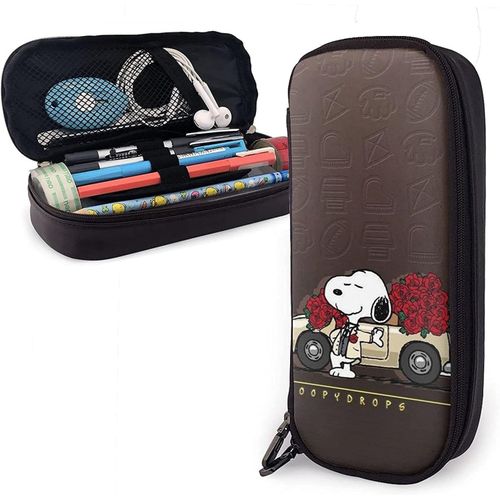 Snoopy Portant Une Voiture Avec Des Fleurs Trousse À Crayons En Cuir Trousse À Crayons Sac De Papeterie Bureau Boîte De Rangement Portable Boîte À Cosmétiques Dossier