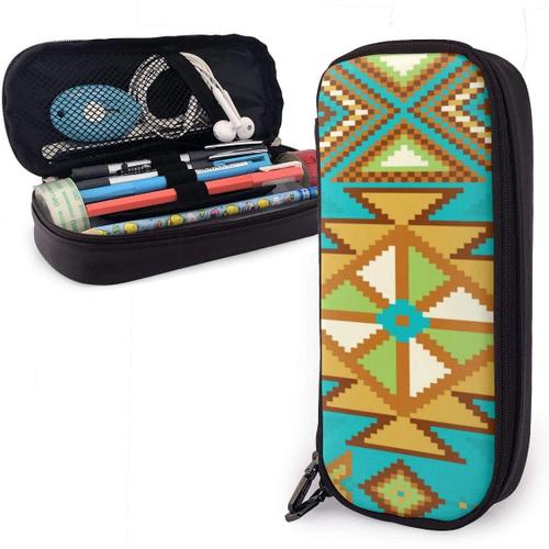 Trousse À Crayons À Motif De Tapis Turquoise Tribal Aztèque Indigène, Grande Capacité, Pochette À Crayons, Organisateur De Papeterie Avec Fermeture Éclair Pour L'école Et Le Bureau, Trousse De Maquillage Multifonction