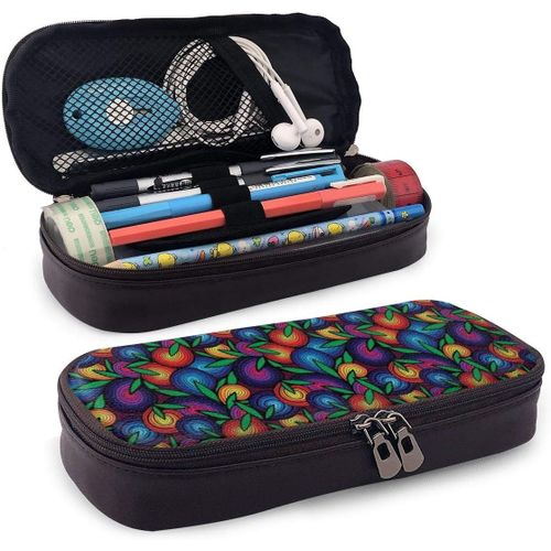 Fournitures De Bureau Écriture Trousses Synthetic Leather Pencil Case Colorful Frogs On Colorful Magic Mushrooms Pen Pouch Holder Zipper Pencil Cosmetic Makeup Pouch Bag For School Work Office