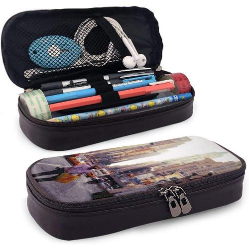 Trousse À Crayons En Cuir Avec Motif De Chat Et Chauve-Souris ? Sac À Crayons En Cuir Imprimé, Organiseur De Papeterie, Trousse De Maquillage, Support Pour Crayons Et Stylos