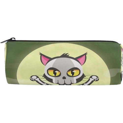 Trousse De Maquillage Cosmétique, Trousse À Crayons, Sac De Papeterie, Fermeture Éclair Pour Étudiante, Fille, Garçon, Enfants, Pochette En Forme D'oiseau, Sac À Main, Chat D'halloween Avec Squelette, Crâne Mignon