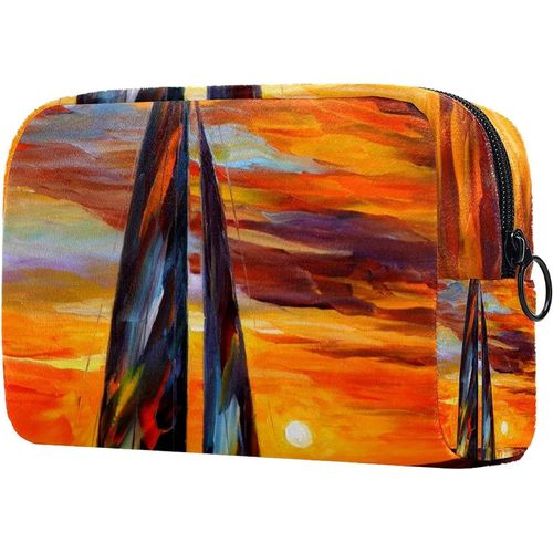 Trousse De Maquillage De Voyage, Trousse De Maquillage, Pochette, Sac À Main Avec Fermeture Éclair ? Peinture Couleur Bateau À Voile