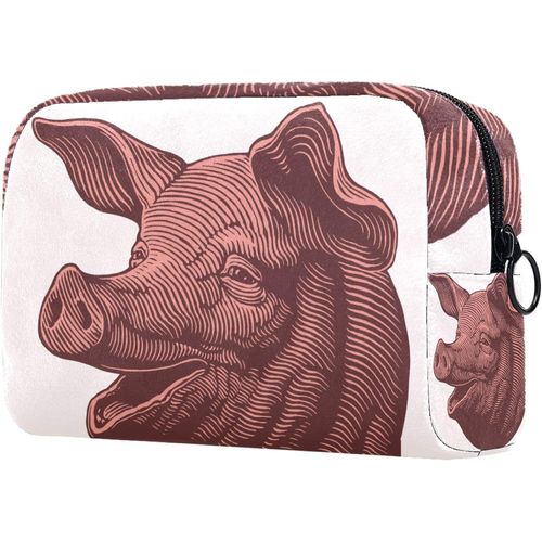 Trousse De Maquillage De Voyage, Trousse De Maquillage, Pochette, Sac À Main Avec Fermeture Éclair ? Gravure De Tête De Cochon