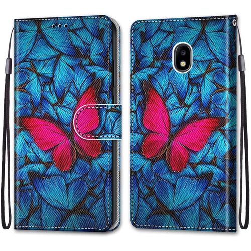 Magnétique Téléphone Case Pour Samsung Galaxy J3 2017 Emplacement Carte Pu Leather Cuir Anti-Rayures Protective Housse Portefeuille Étui Coque Pour Galaxy J3 2017,Papillon Bleu Rouge