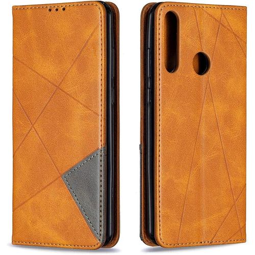 Pour Huawei Y6p Coque Protection Housse Étui Pu Cuir Portefeuille Rhombique Coverture Toute Puissante À Rabat Clapet Wallet Téléphone Cover Pour Huawei Y6p Jaune