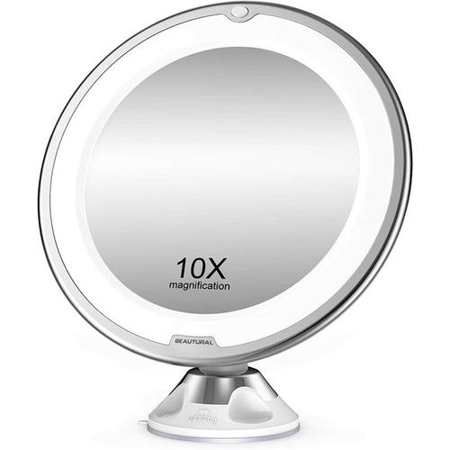 Miroir de maquillage, grossissement 10X avec LED blanche lumière du jour, miroir de salle de bain éclairé portable, ventouse rotative et verrouillable à 360 degrés