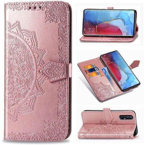 Étui À Rabat Pour Oppo Find X2 Neo - Cuir Pu - Motif Mandala - Fermeture Magnétique - Support - Poches Pour Cartes Et Bracelet - Or Rose