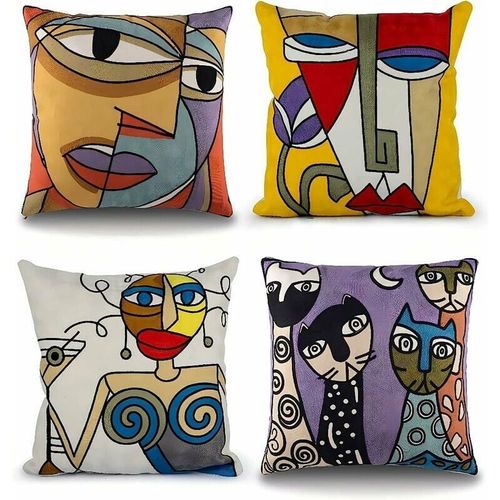 Lot De 4 Housses De Coussin Picasso 45 X 45 Cm Housses De Coussin Canapé Lin Coton Brodé Décoration Salon Scandinave Chambre Lit Chaise Bureau Dessin Abstrait Visage Motif Vintage Coloré