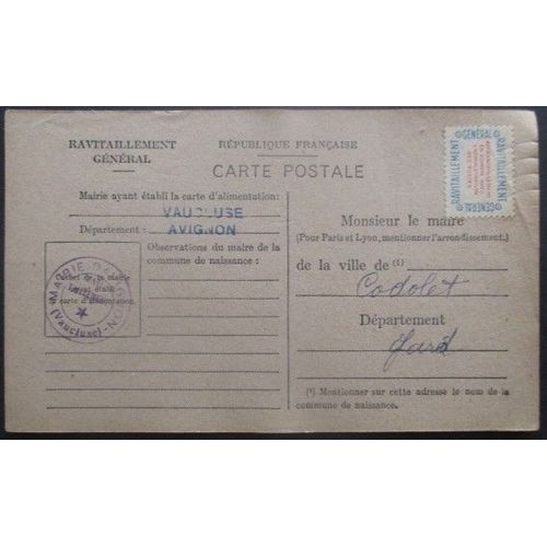 France Service N°15a Sur Carte De Ravitaillement De Avignon (Vaucluse) Pour Codolet (Gard)