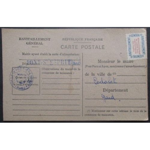 France Service N°15a Sur Carte De Ravitaillement De Pont St Esprit (Gard) Pour Codolet (Gard)