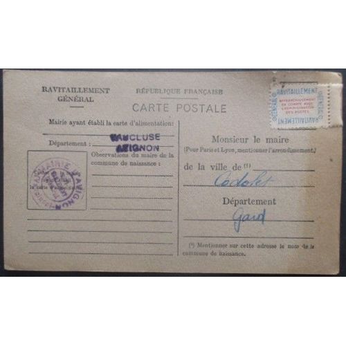 France Service N°15a Sur Carte De Ravitaillement De Avignon (Vaucluse) Pour Codolet (Gard)