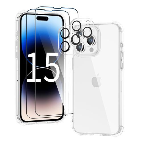 Coque Pour Iphone 15 Pro Max - 2x Vitre Verre Trempe Silicone Transparent Bords Renforcés