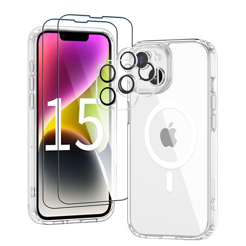 Coque Pour Iphone 15 - 2x Vitre Verre Trempe + 2x Protège Caméra Silicone Compatible Magsafe Clear