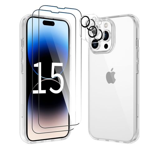 Coque Pour Iphone 15 Pro - 2 Films Verre Trempé Coque Silicone Gel Ultraslim - Transparent