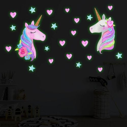 Autocollants muraux licorne lumineuse de dessin animé mignon pour chambres d'enfants, Stickers muraux décoratifs pour la maison, étoiles fluorescentes qui brillent dans la nuit