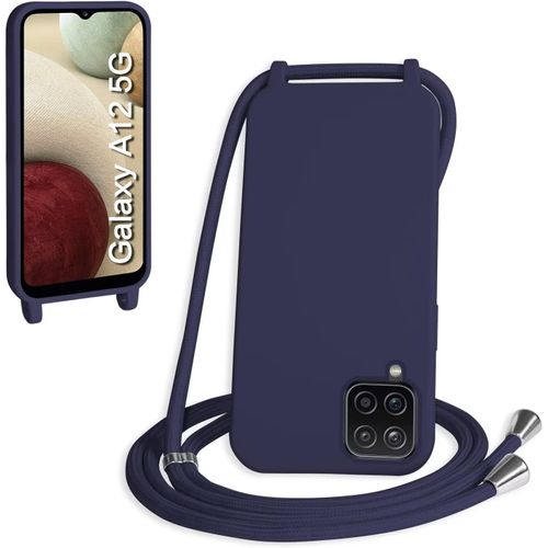 Coque Pour Samsung Galaxy A12 5g 6.5"", Collier Pour Étui Colliers De Cellulaire Mince Antichoc Réglable Lanyard Case Pu Bumper Pour Galaxy A12 5g 6.5"", Bleu Marine