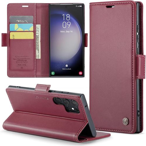 Coque Pour Samsung Galaxy S23 Ultra Avec 2 Pièces Verre Trempé Protection Écran, Premium Pu Cuir Multifonction À Rabat Flip Étui Housse Pour Samsung Galaxy S23 Ultra -Rouge