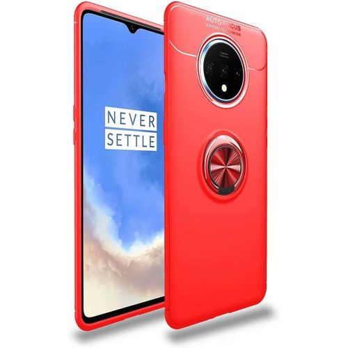 Étui Compatibile Oneplus 7t Coque Anneau Support De Bague Magnétique Housse Souple Tpu Bumper Protection Cover Antichoc Anti-Rayures Etui-Rouge Avec Film En Verre Trempé
