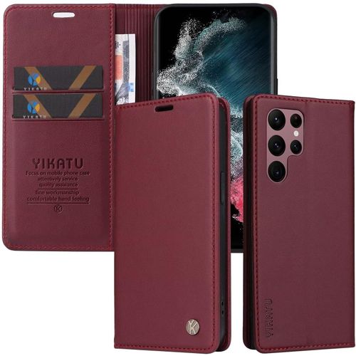 Etui Coque Pour Samsung Galaxy S22 Ultra, Housse En Cuir Pu Premium Etui À Rabat Pochette De Portefeuille Emplacements Cartes Fonction Support Fermeture Magnétique , Rouge