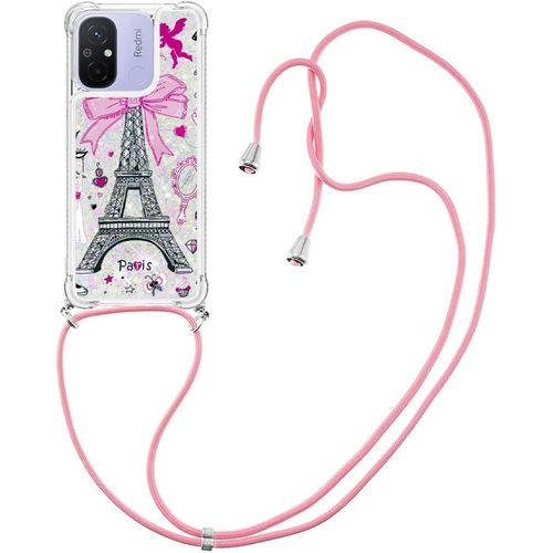 Cordon De Coque Pour Redmi 12c Avec Cordon Bling Moving Quicksand Case Tpu Housse Avec Cordon Réglable Téléphone Etui Avec Lanyard Bumper Coque Pour Redmi 12c,Tour Eiffel