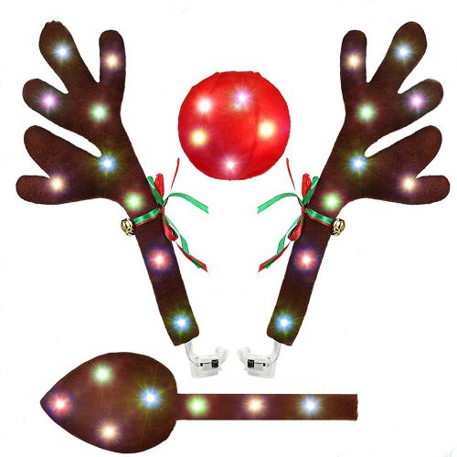 Bois de Renne de Voiture, Kit Voiture Bois avec LumièRes LED, Kit Voiture Renne Bois, Nez, Queue, DéCorations de NoëL pour Voiture