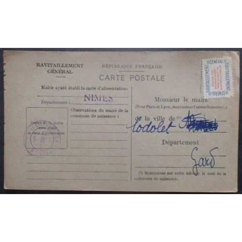 France Service N°15a Sur Carte De Ravitaillement De Nimes (Gard) Pour Codolet (Gard)