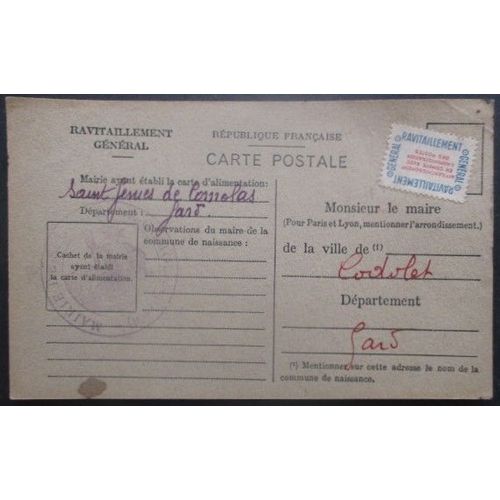 France Service N°15a Sur Carte De Ravitaillement St Genies (Gard) Pour Codolet (Gard)