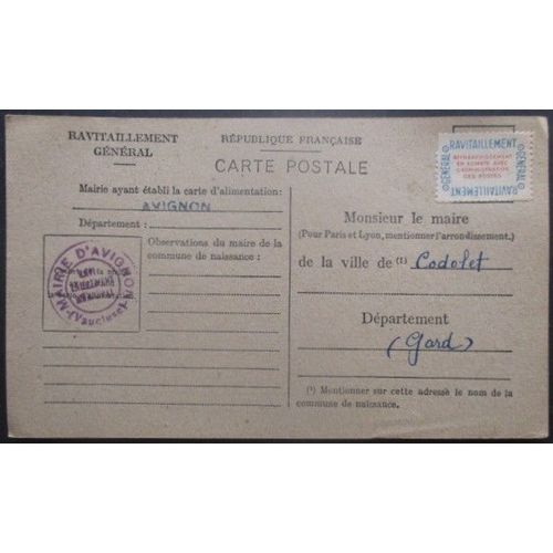 France Service N°15a Sur Carte De Ravitaillement De Avignon (Vaucluse) Pour Codolet (Gard)